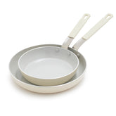 GreenPan Bobby Flay skillet set front view showing cream finish and compact design benefit