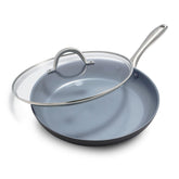 GreenPan Lima 12" front view showing pan and lid, highlights versatile cooking