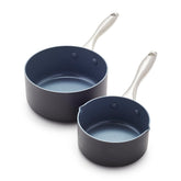 GreenPan Lima front view showing pots and lids, clear visual of set and benefit