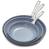 GreenPan Lima front view of three-piece set shows versatile sizes and nonstick benefit