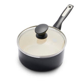 GreenPan Rio front view showing compact saucepan and glass lid, great for everyday cooking