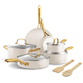 GreenPan Swift front view showing complete 12-piece set and polished handles for cohesive kitchen look