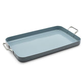 GreenPan front view of Valencia Pro griddle showing wide cooking surface and benefits