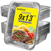 GrillChef front view of 25-pack 9x13 pans showing value pack and lids for events