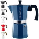GROSCHE Milano front view in blue showing compact stovetop espresso benefit
