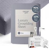 GroundLuxe front view of gray king fitted sheet showing packaging and label benefit comfort