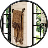 Growsun front view of 28" black round mirror showing sleek profile and elegant look