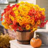 Grunyia front view showing full autumn arrangement and bright porch curb appeal