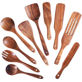 Gudamaye front packaging showing all ten teak wooden utensils and benefits of natural materials