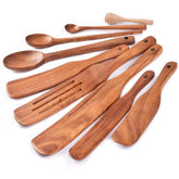 Gudamaye spurtle set front view showing nine teak wooden utensils for versatile cooking