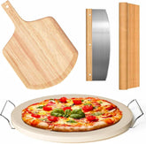 Gyreuni front view of full pizza stone set showing contents and benefit