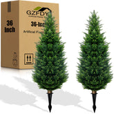 GZFDY artificial cedar topiary front packaging showing two trees and benefits