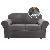 H.VERSAILTEX front view of grey loveseat cover showing neat fit and protection