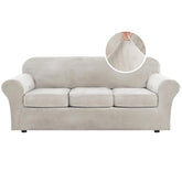 H.VERSAILTEX front view of fitted oatmeal sofa cover showing tailored look and protection