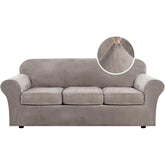 H.VERSAILTEX front view taupe sofa cover showing neat tailored look and refreshed decor