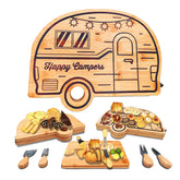 Haigoo front view of unfolded bamboo RV board showing serving surface and knives for easy entertaining