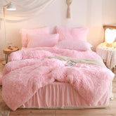 HAIHUA front view duvet-covered queen bed showcasing pink faux fur and cozy styling