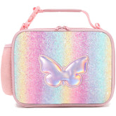 Hairao front view of butterfly lunch box showing colorful glitter exterior and zipper, bright look