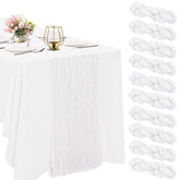HAISIWLKJ front view of ten white cheesecloth table runners showing full pack and neat fold, useful for event setup