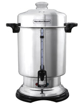 Hamilton Beach urn front view showing polished stainless steel finish and capacity benefit