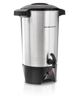 Hamilton Beach coffee urn front view showing glossy silver finish and controls for easy serving