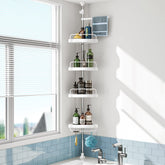 HAMITOR front view corner shower caddy showing tidy shampoo storage and space-saving benefit