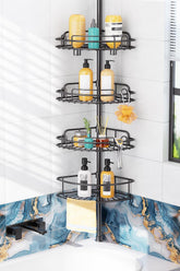 HAMITOR front view of corner shower caddy showing full assembled storage benefit