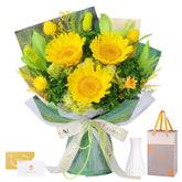 Hanameguri front view bouquet in white vase showing cheerful sunflowers and ease of display