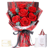 Hanameguri front view bouquet showing seven red roses and vase, instant gifting benefit