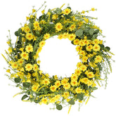 Hananona front door wreath with bright yellow daisies, welcoming curb appeal