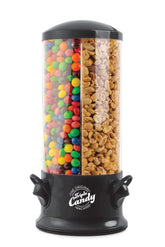 Handy Gourmet front view of black triple candy machine showing three compartments and 360° base, easy organization