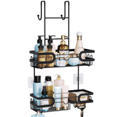 HapiRm front view showing full over-the-door caddy and organized bottles for tidy storage
