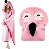 Happy Fuel flamingo front view showing cozy hood and plush fleece for warmth