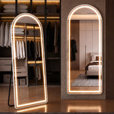 HAPPYMONT front view showing arched LED mirror and full-length reflection benefit