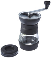 HARIO Skerton Pro front view showing glass bowl and crank, highlighting portability