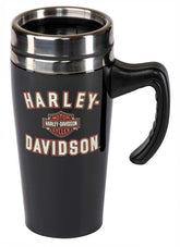 Harley‑Davidson travel mug front view showing logo and durable insulation benefit