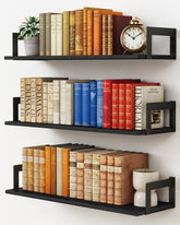 Harwaya front view of three 24-inch black floating shelves showing clean lines and storage benefit