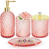 Haturi front view of full four-piece pink glass set showing elegant organization