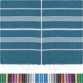 HAVLULAND front view of two teal towels showing size and pattern, travel-friendly