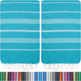 HAVLULAND front view of two turquoise towels showing vibrant color and pattern, great for visibility