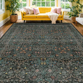 Hazo Haus front view showing dark green vintage floral rug and elegant framing benefit