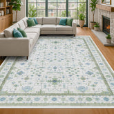 Hazo Haus front view of rug showing full pattern and cream tones, enhances room warmth