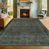 Hazo Haus front view of dark green vintage rug highlighting design and elegance