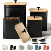 HB Design Co. four-canister front view showing matte black finish and bamboo lids, adds organized style
