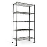 HealSmart front view of assembled shelving showing sturdy storage and space saving