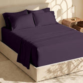 Hearth & Harbor front packaging showing eggplant 6-piece set and clear labeling benefit: complete bedding