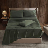 Hearth & Harbor front packaging view showing olive green sheet set and included pieces