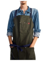 hedley & bennett front view of olive green apron showing shape and coverage for protection