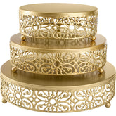 Hedume gold cake stands front view showing three sizes and elegant shine