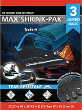 Hefty front packaging showing three jumbo vacuum bags and pump, space-saving benefit